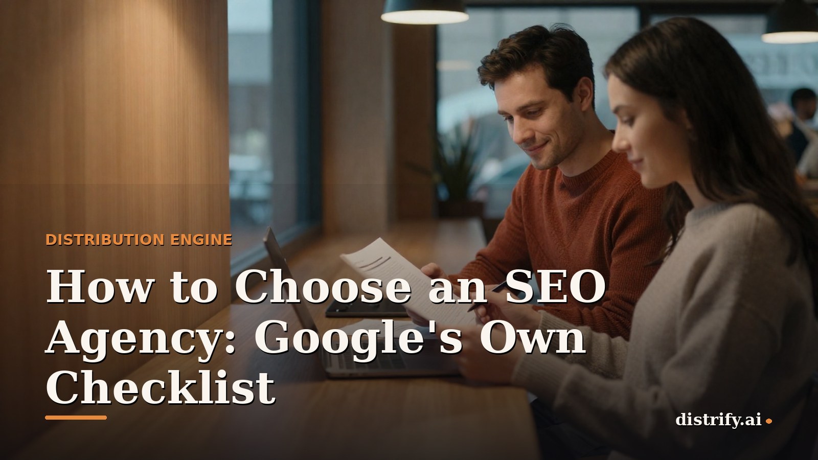 A man in his early thirties in a rust-colored knit sweater sits at a long wooden table in the back room of a small coffee roastery, reading a printed proposal with a pen in hand, warm lamp light on his face and cool daylight from the window behind