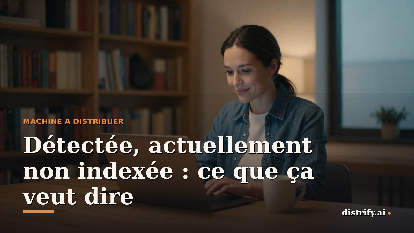 Une femme d'une trentaine d'années en pull en maille crème est assise à une table en bois dans une petite librairie de quartier, ordinateur portable fermé à côté d'une tasse, lumière chaude de lampe et fenêtre froide derrière elle