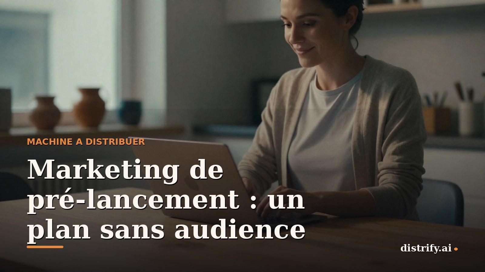 Une femme d'une trentaine d'annees en chemise en jean se tient devant le plan de travail en bois d'un petit atelier de ceramique, tablette posee contre une etagere de pots non emailles, lumiere chaude de lampe sur ses mains et clarte froide de la fenetre derriere elle